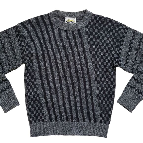 Vintage Le Tigre Sweater Mens Medium Gray Geometric Stripe Knit Crewneck 90s - Picture 2 of 10
